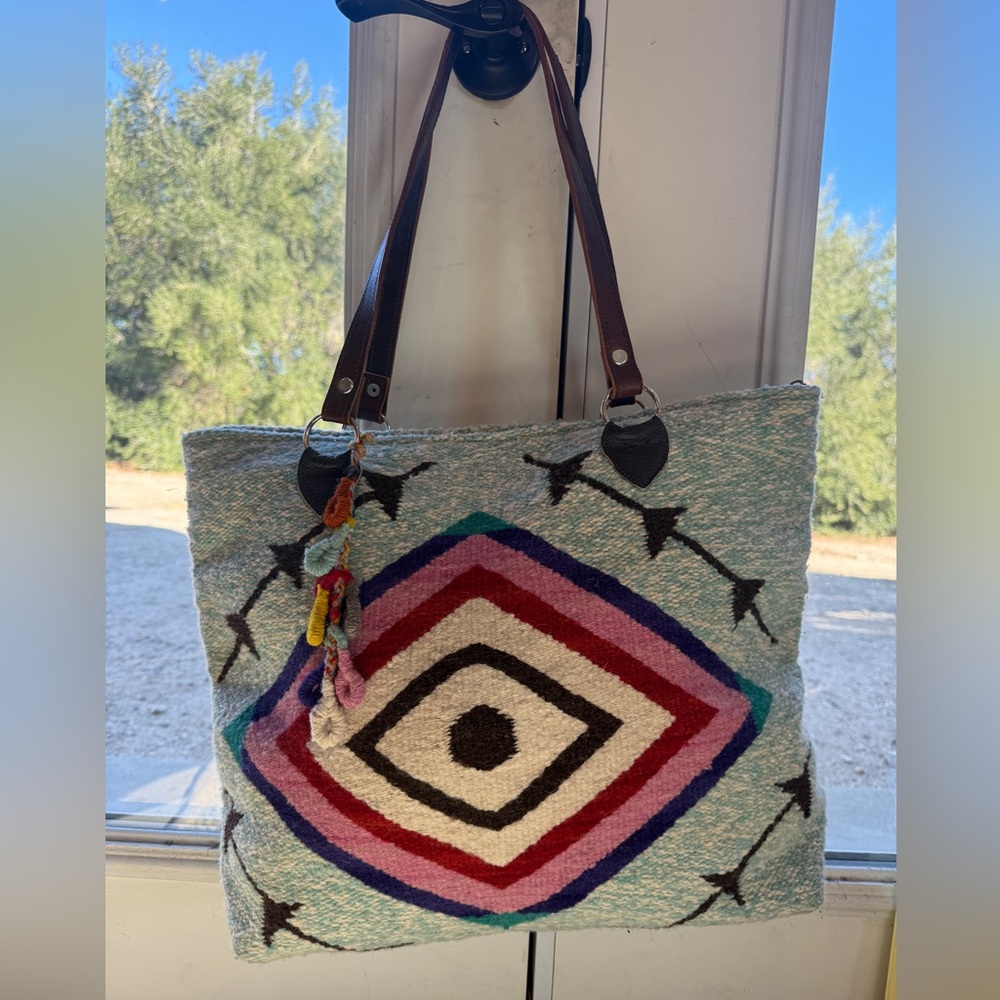 NWT Artisan Geometric Tote Bag in Blue and Pink - Handwoven Wool